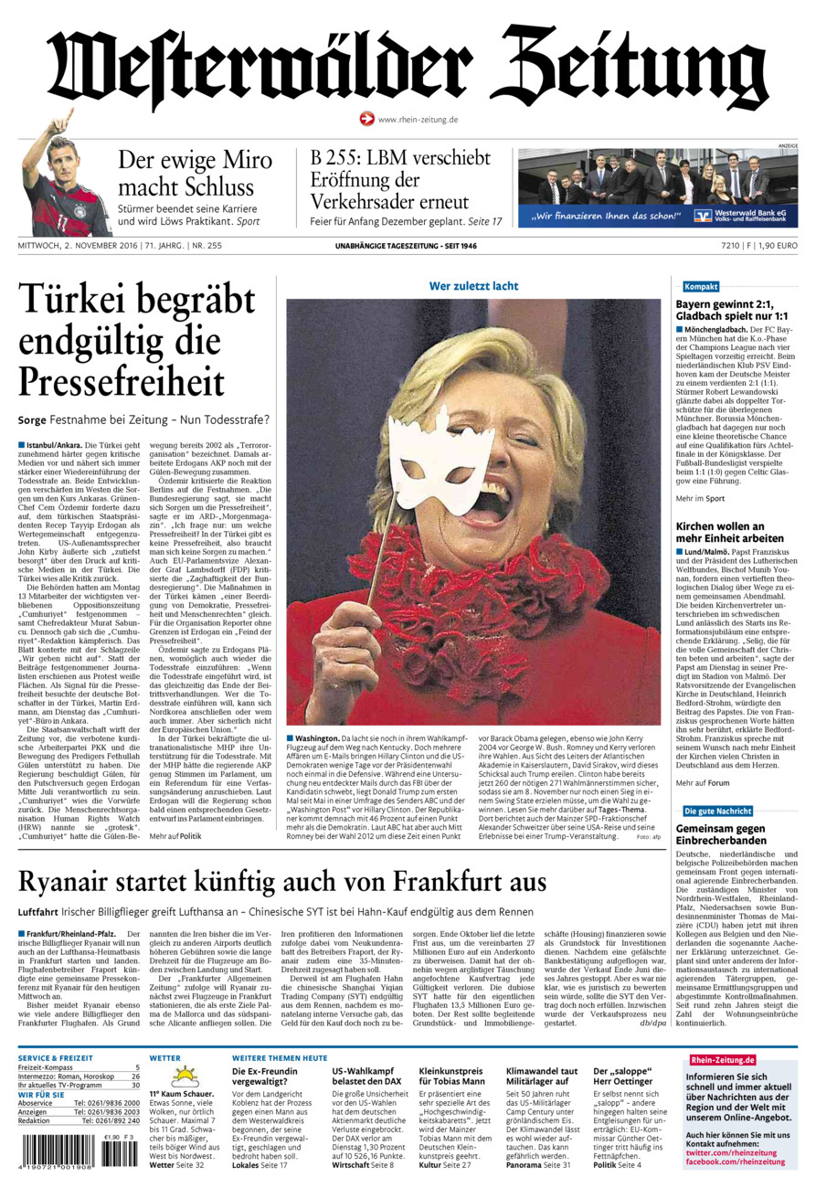 Westerwälder Zeitung vom Mittwoch, 02.11.2016