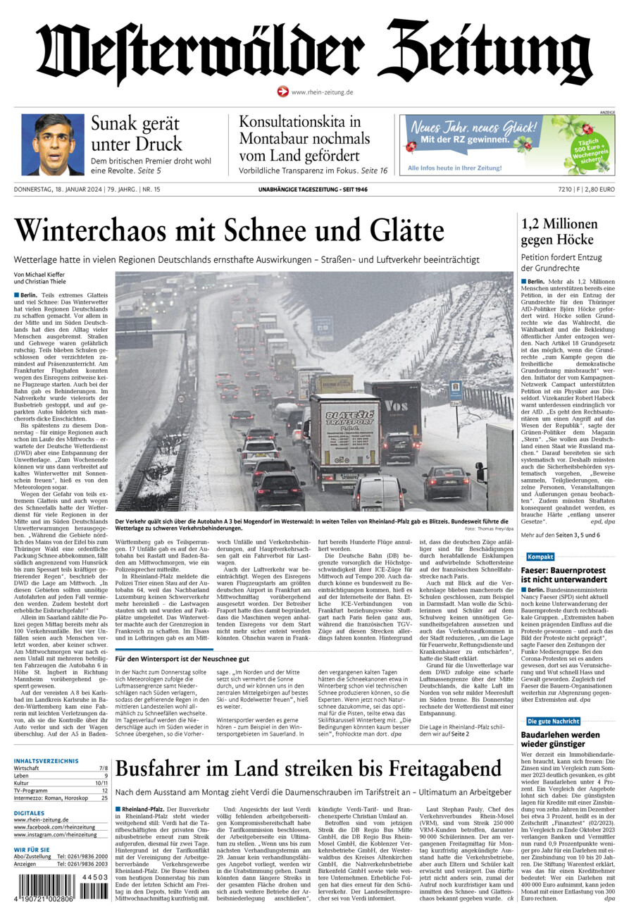 Westerwälder Zeitung vom Donnerstag, 18.01.2024
