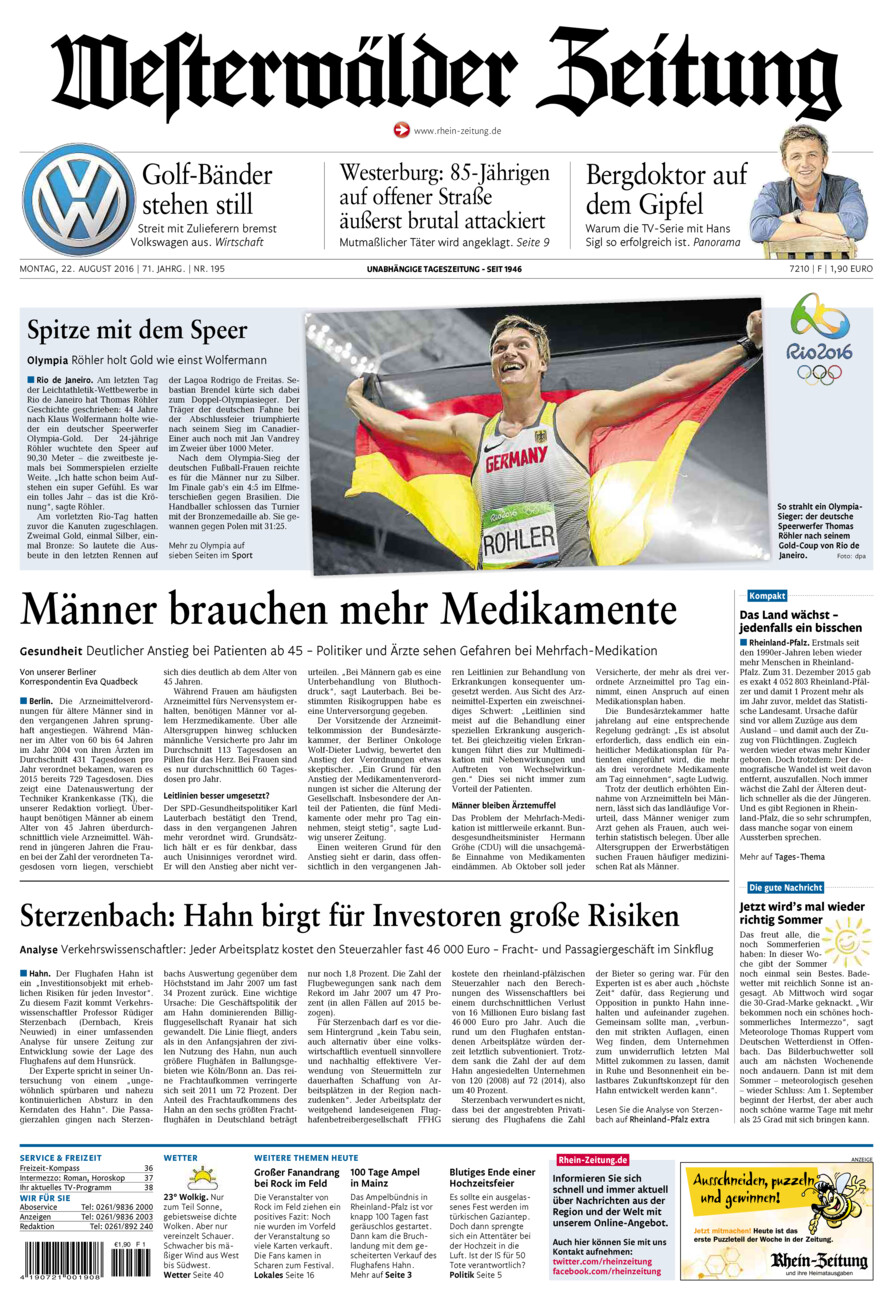 Westerwälder Zeitung vom Montag, 22.08.2016
