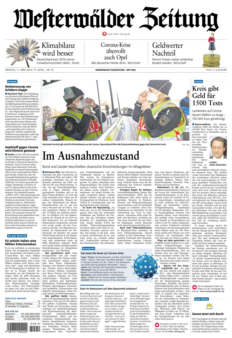 Westerwälder Zeitung vom Dienstag, 17.03.2020