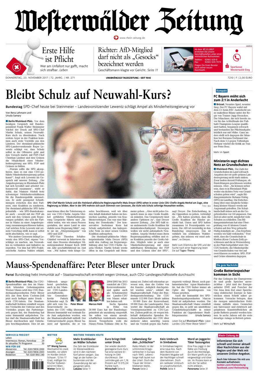 Westerwälder Zeitung vom Donnerstag, 23.11.2017