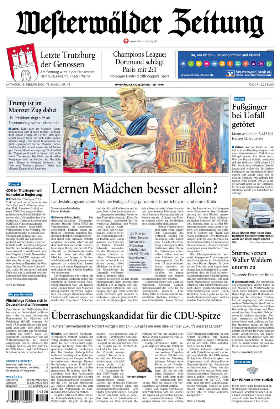 Westerwälder Zeitung vom Mittwoch, 19.02.2020