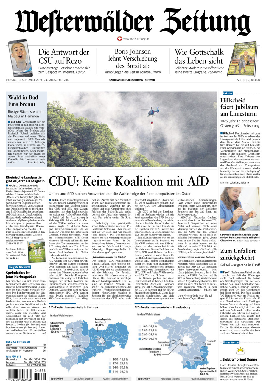Westerwälder Zeitung vom Dienstag, 03.09.2019