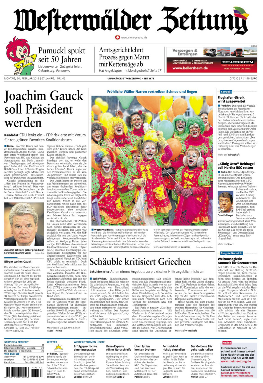 Westerwälder Zeitung vom Montag, 20.02.2012