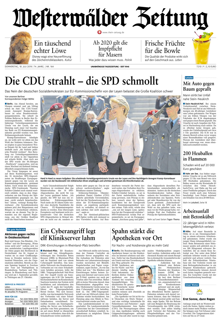 Westerwälder Zeitung vom Donnerstag, 18.07.2019