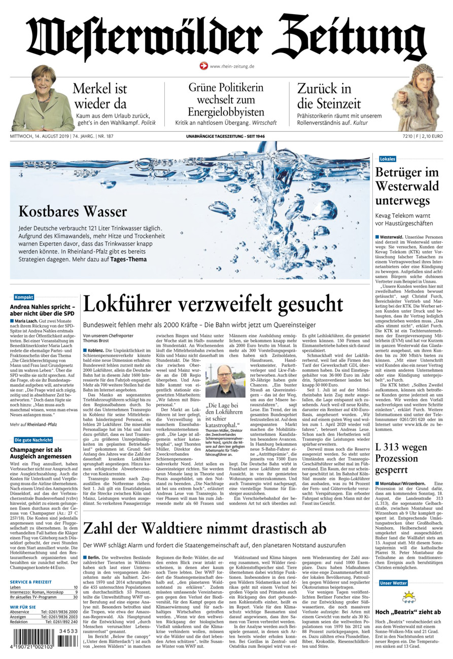 Westerwälder Zeitung vom Mittwoch, 14.08.2019