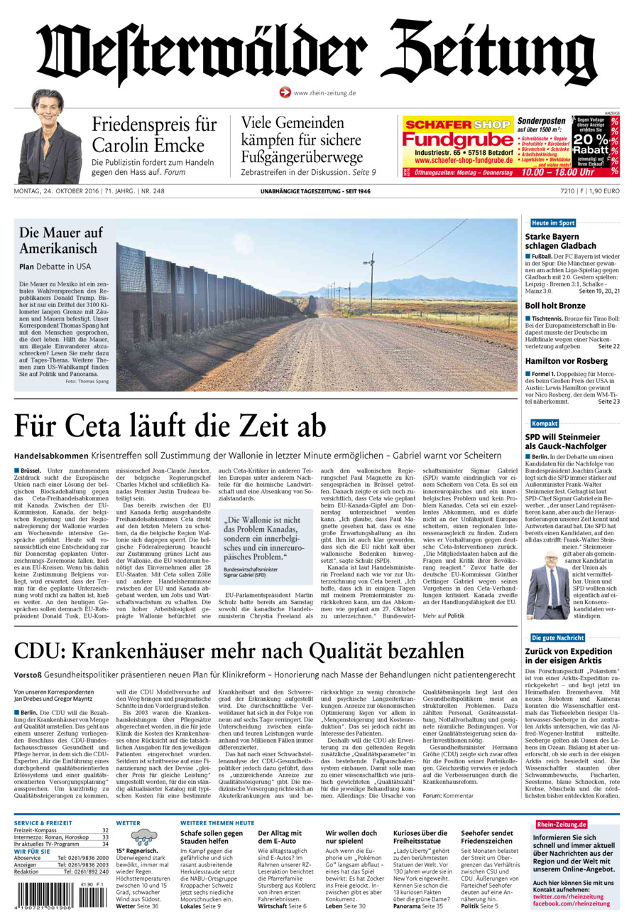 Westerwälder Zeitung vom Montag, 24.10.2016