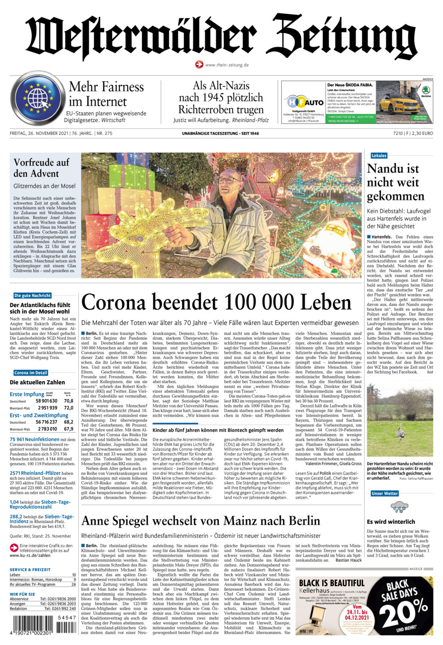 Westerwälder Zeitung vom Freitag, 26.11.2021