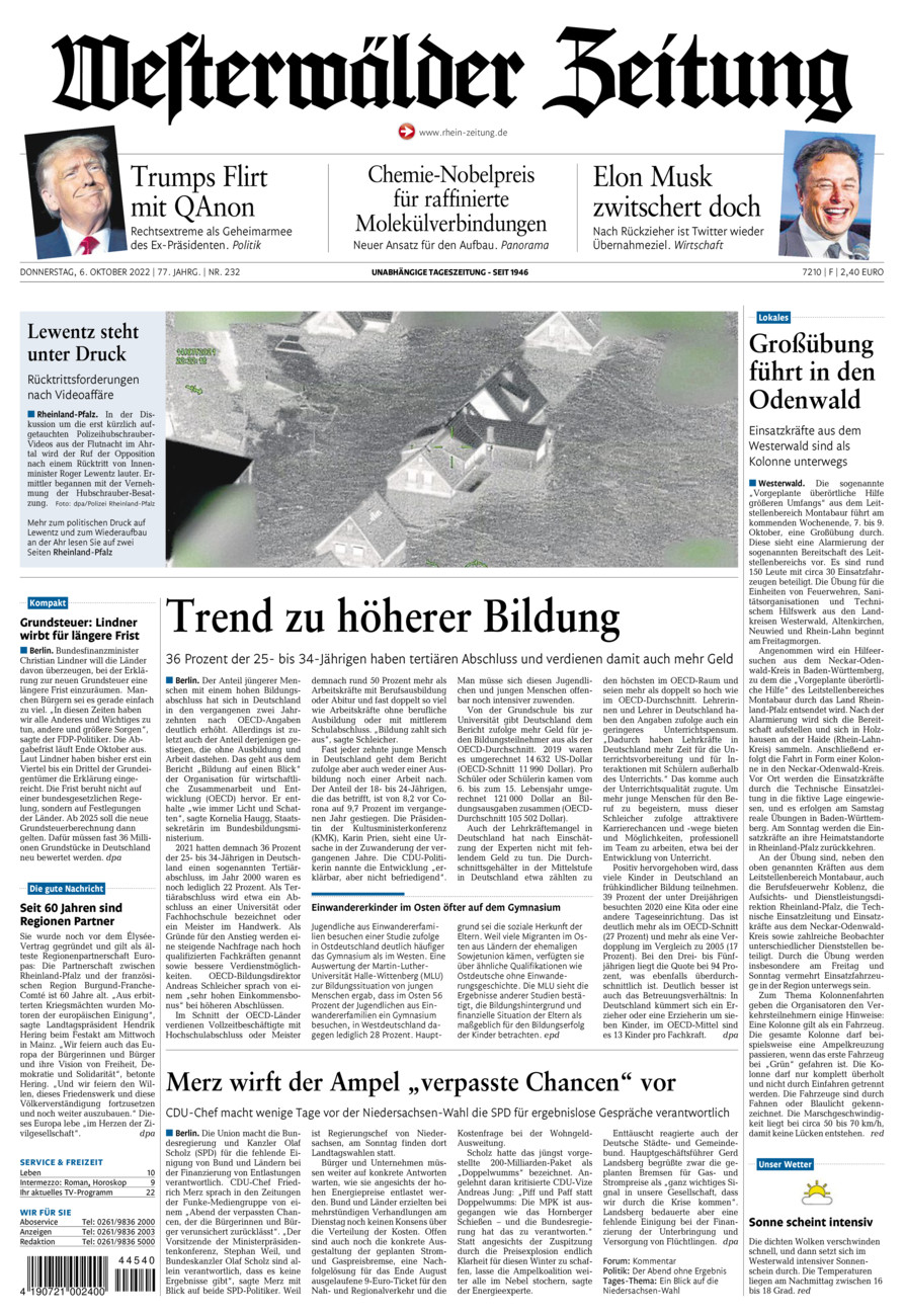 Westerwälder Zeitung vom Donnerstag, 06.10.2022