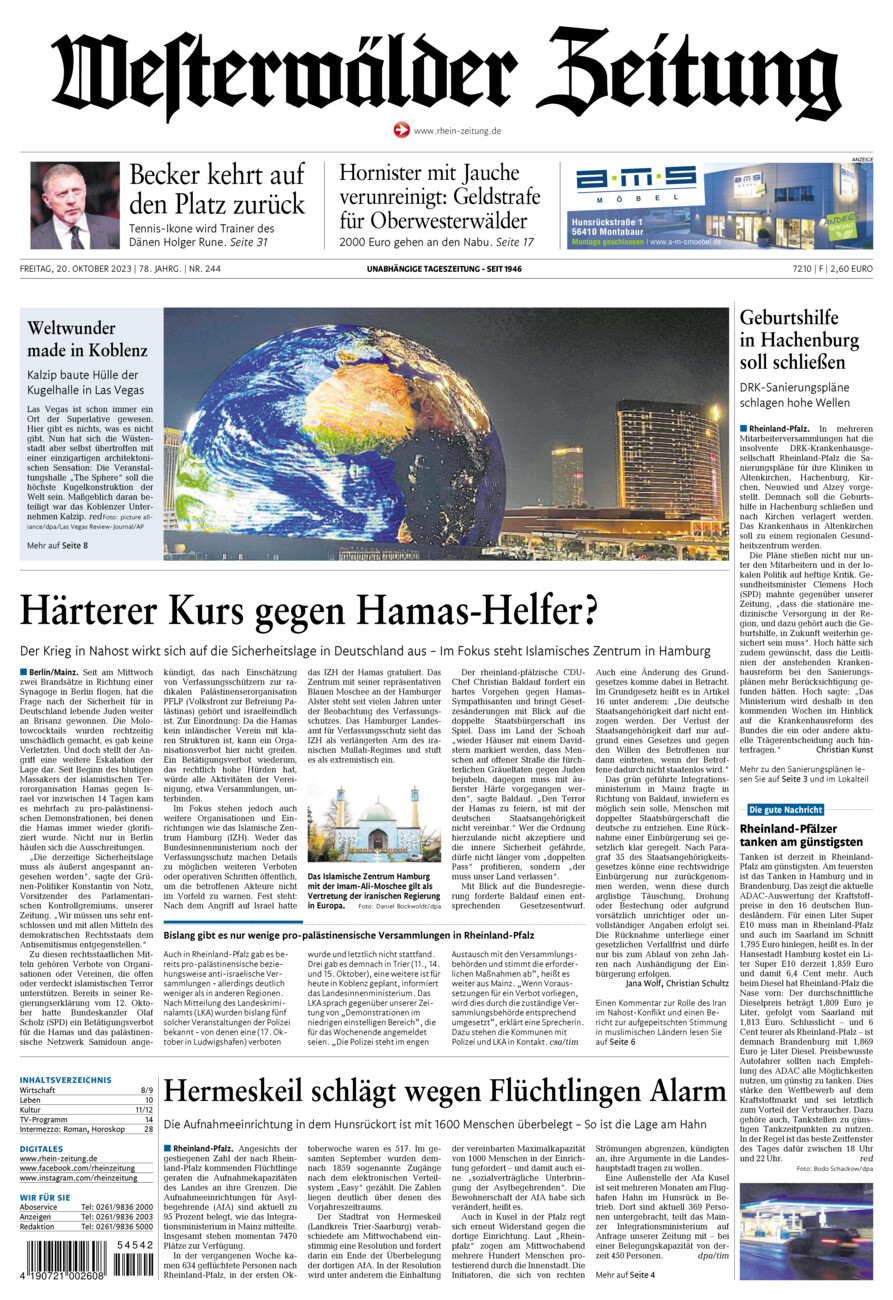 Westerwälder Zeitung vom Freitag, 20.10.2023