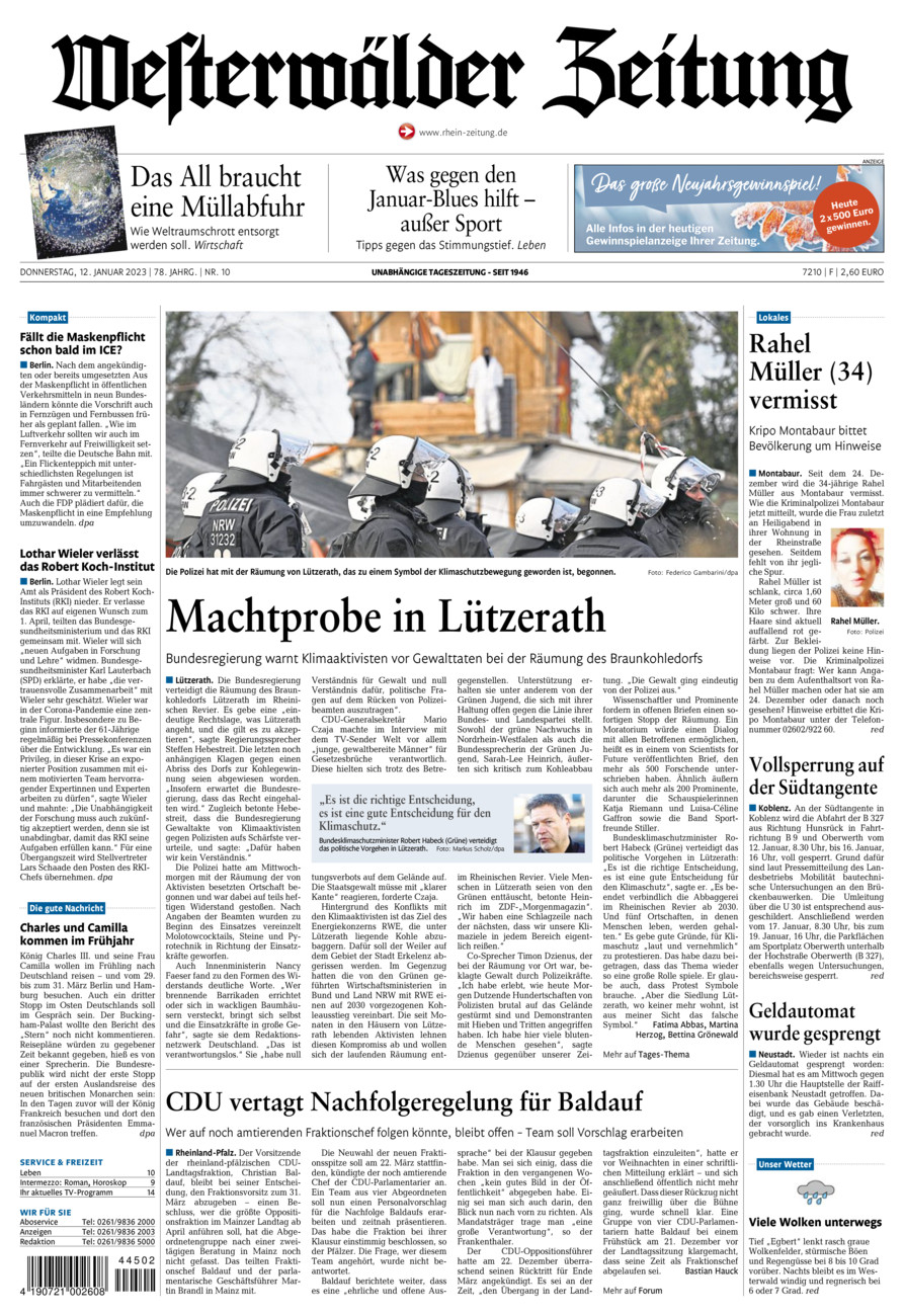 Westerwälder Zeitung vom Donnerstag, 12.01.2023