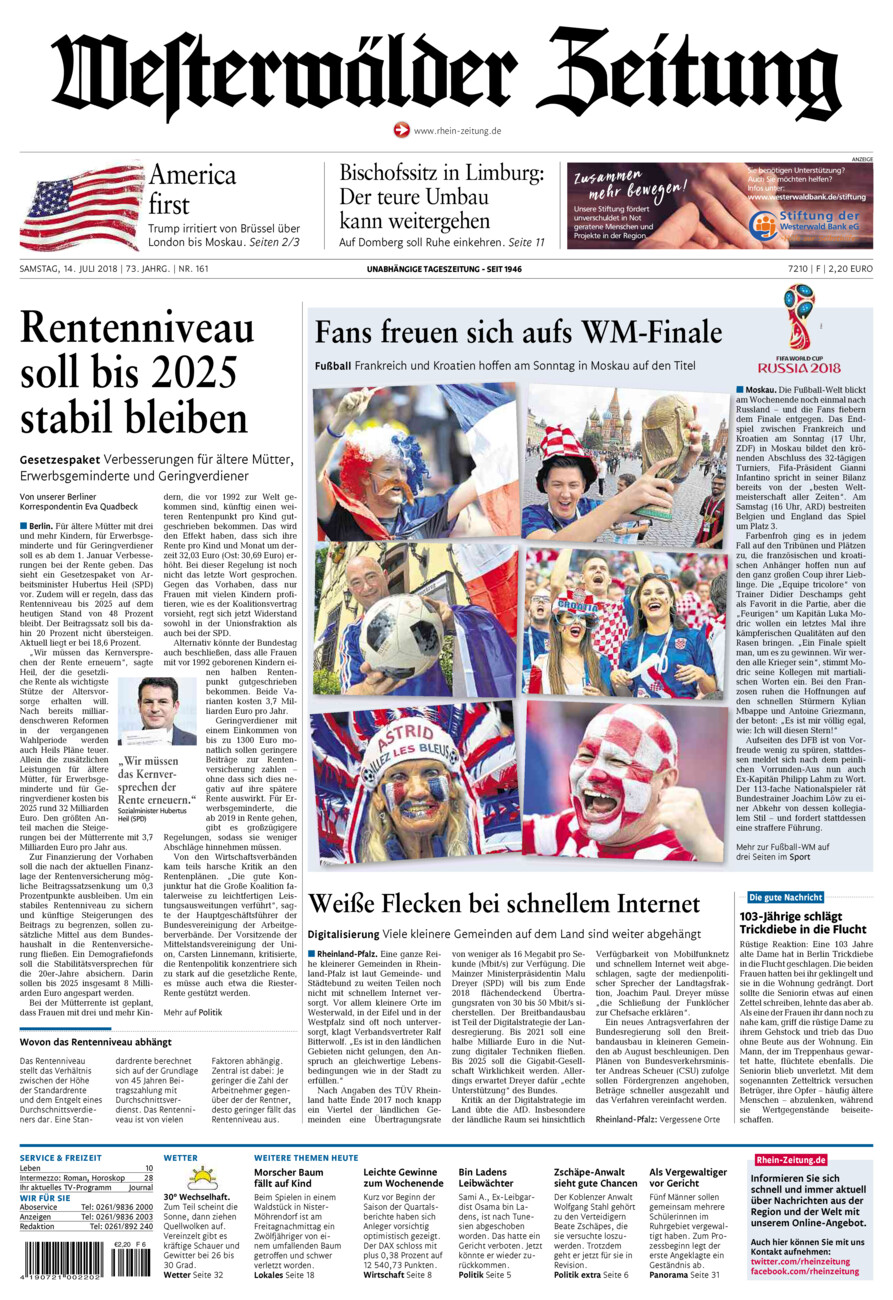 Westerwälder Zeitung vom Samstag, 14.07.2018