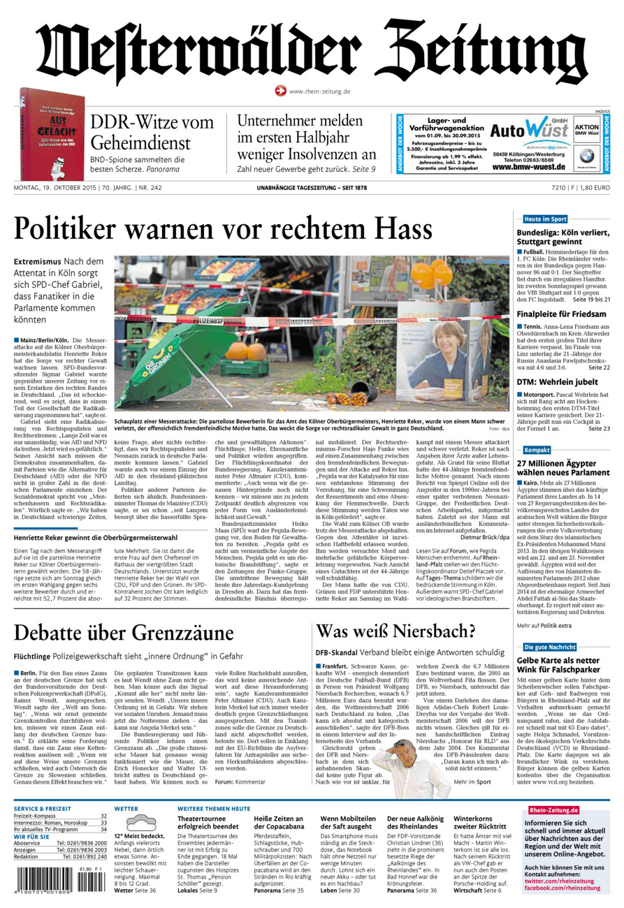 Westerwälder Zeitung vom Montag, 19.10.2015