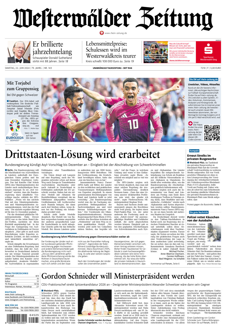 Westerwälder Zeitung vom Samstag, 22.06.2024