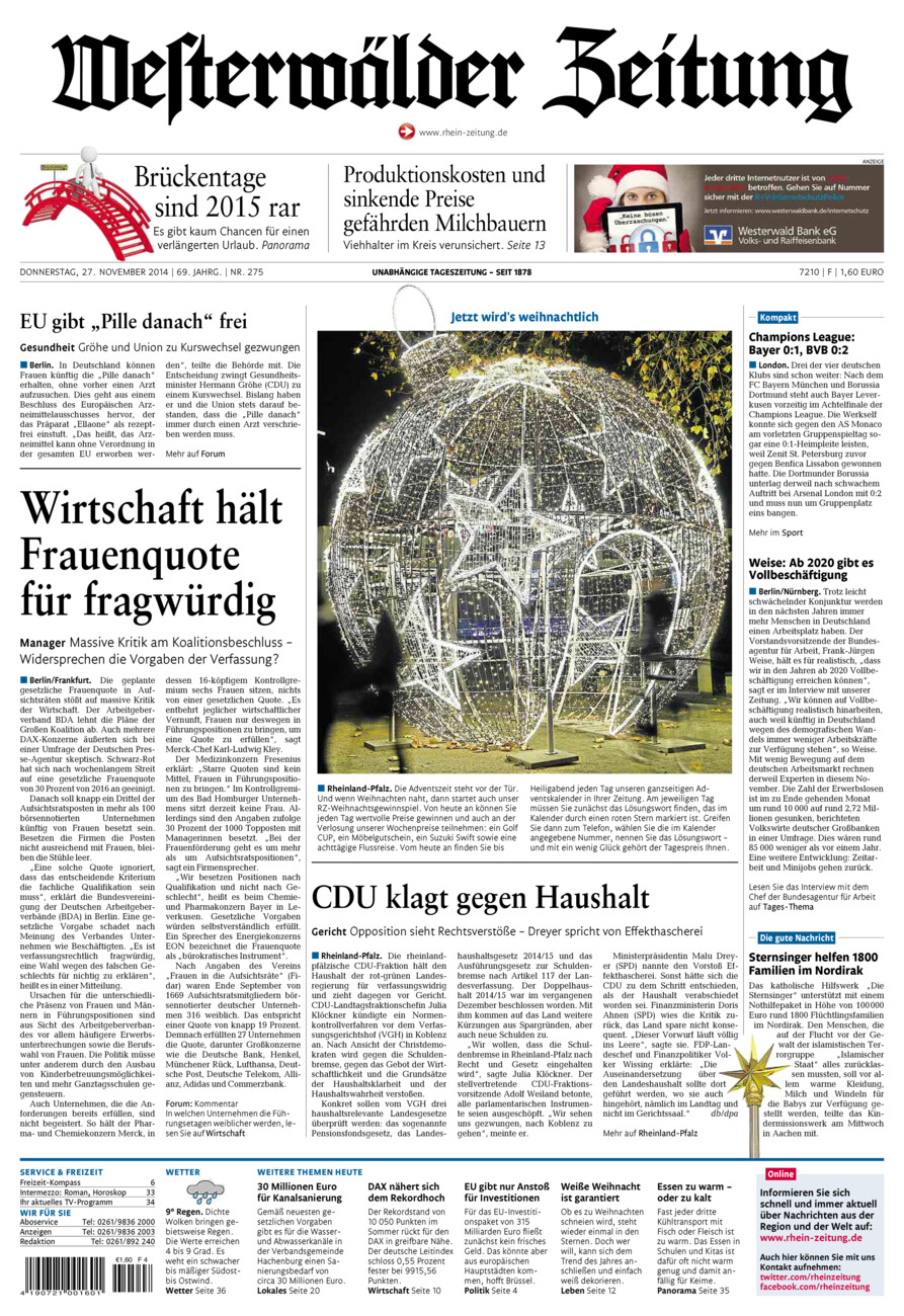 Westerwälder Zeitung vom Donnerstag, 27.11.2014