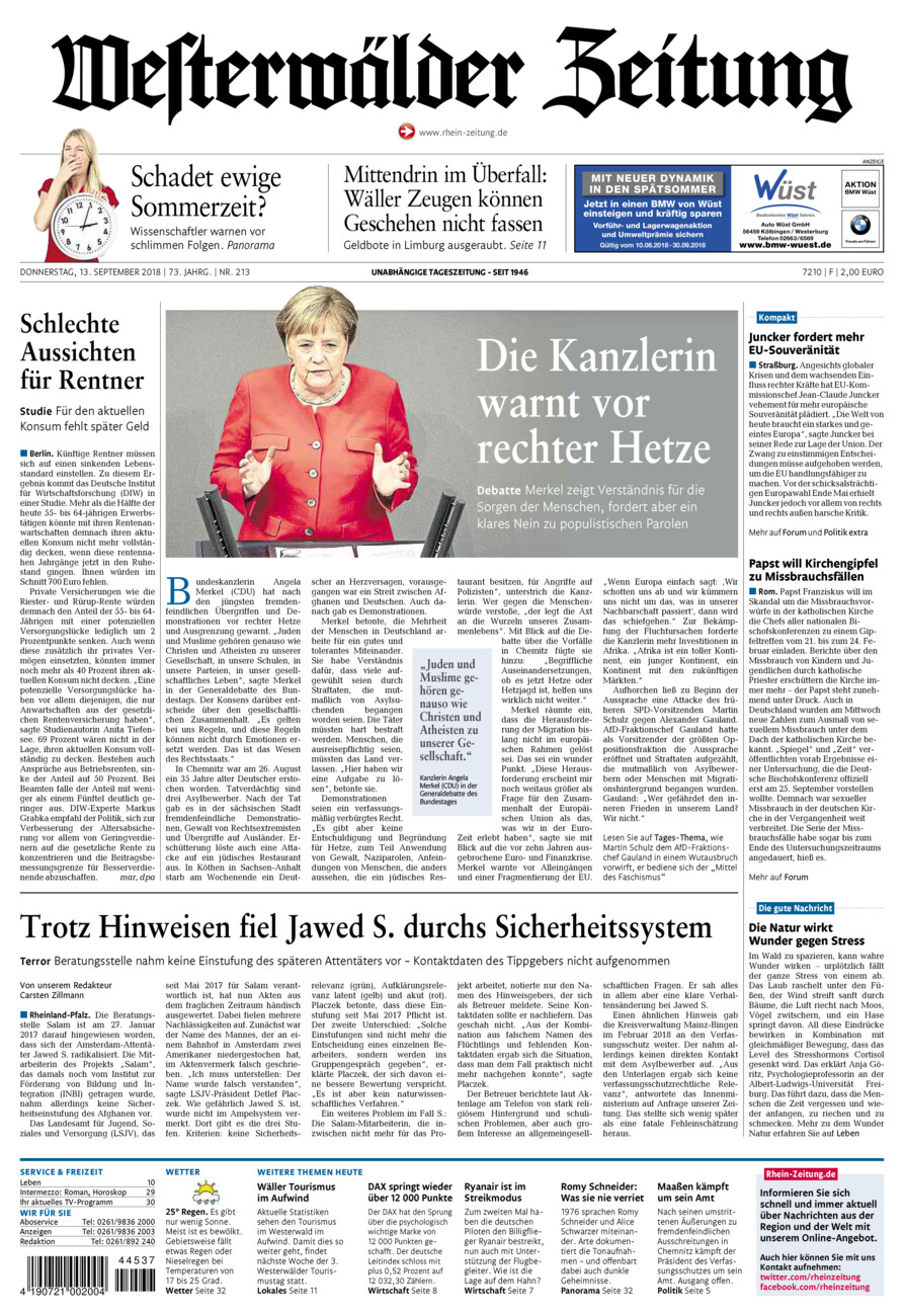 Westerwälder Zeitung vom Donnerstag, 13.09.2018
