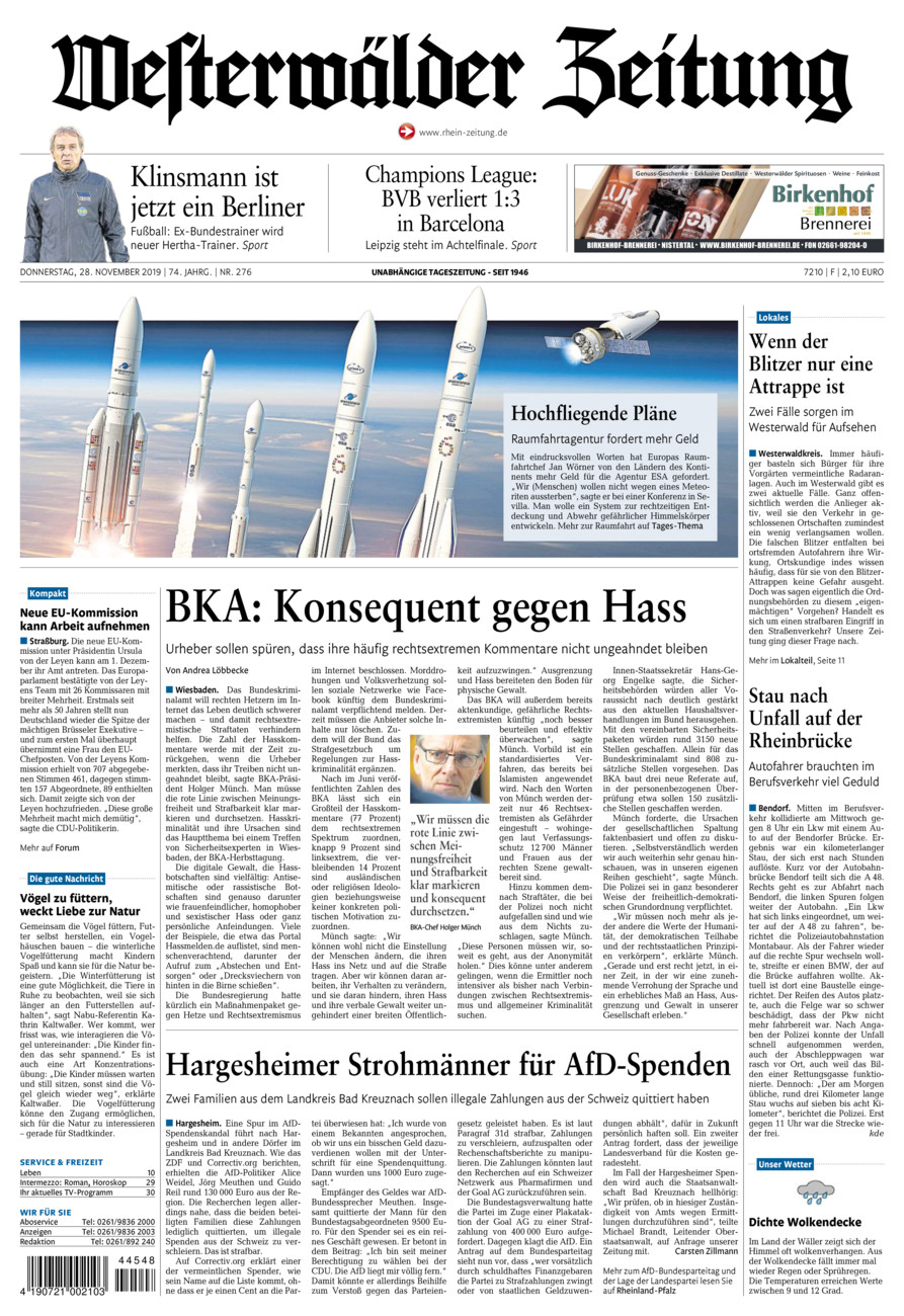Westerwälder Zeitung vom Donnerstag, 28.11.2019
