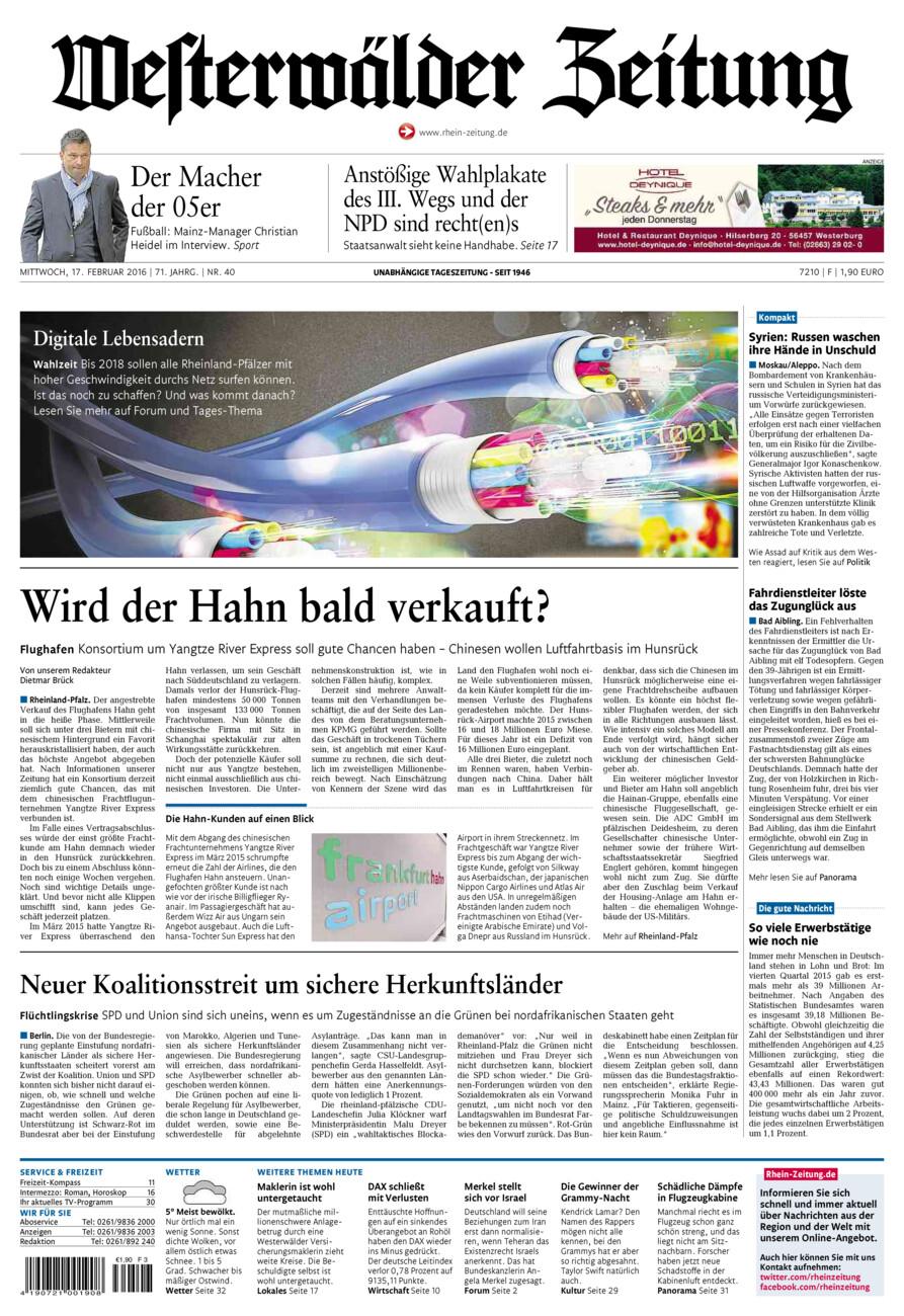 Westerwälder Zeitung vom Mittwoch, 17.02.2016