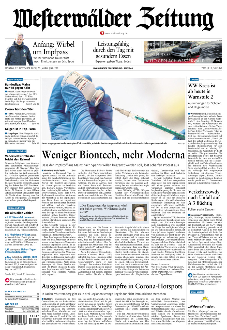 Westerwälder Zeitung vom Montag, 22.11.2021