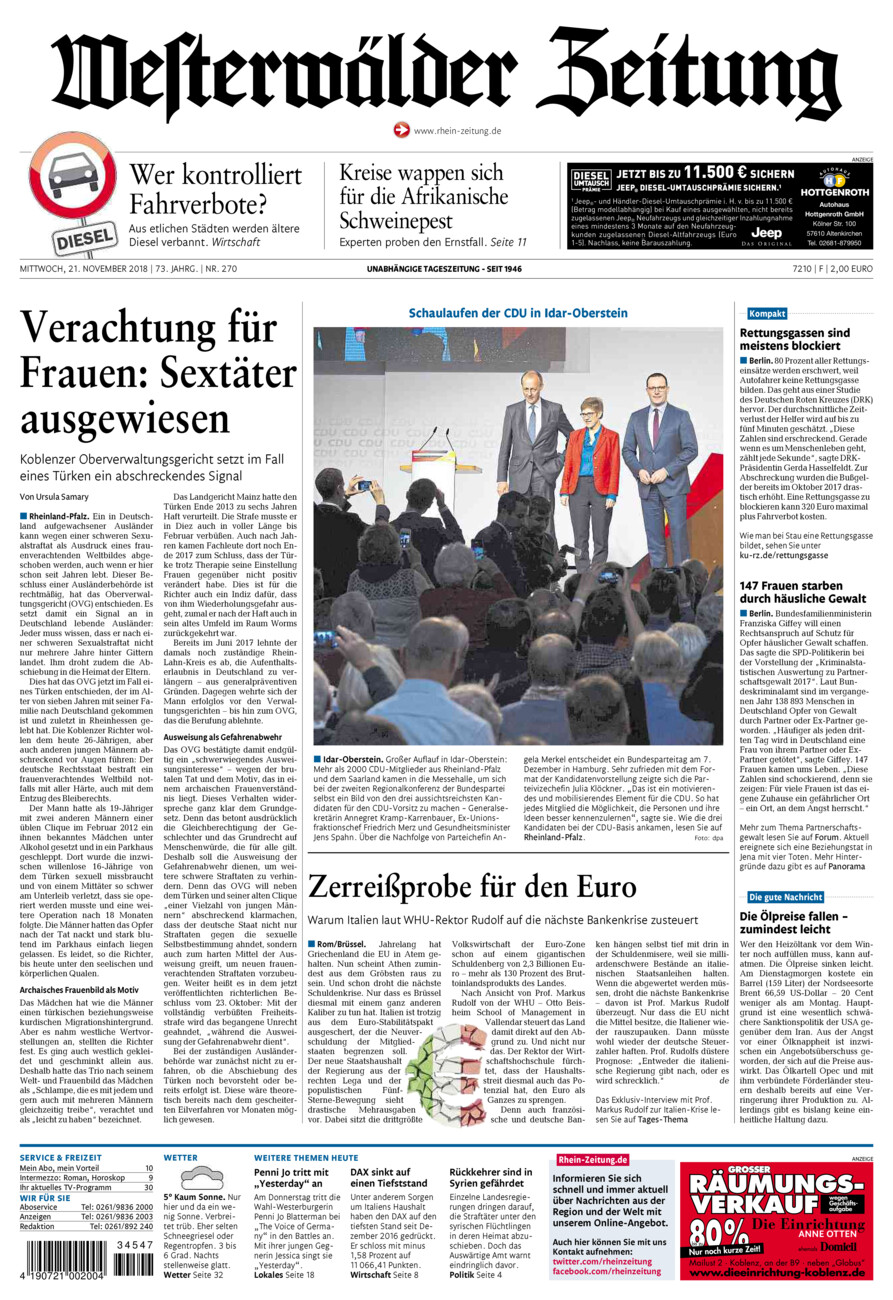 Westerwälder Zeitung vom Mittwoch, 21.11.2018