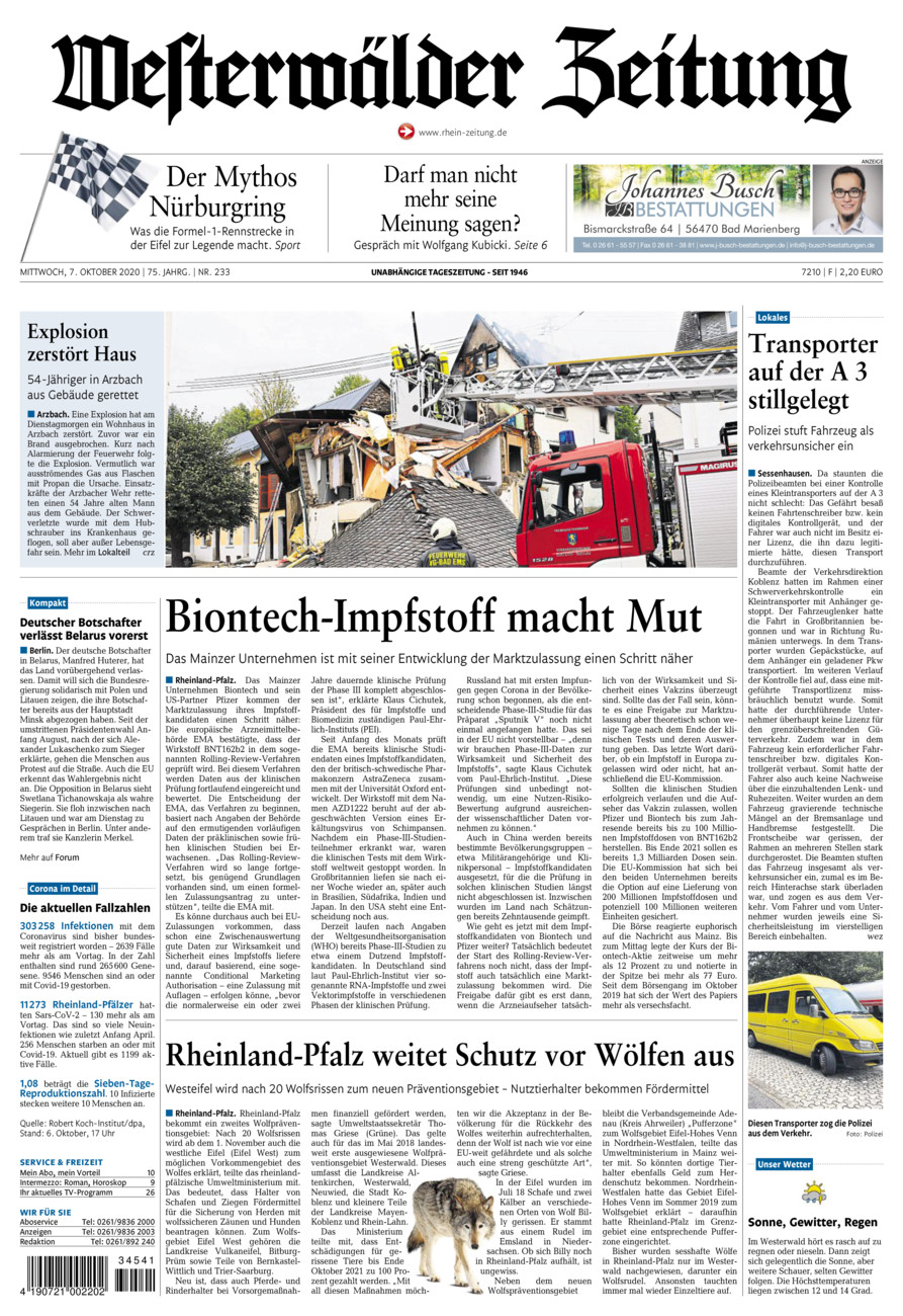 Westerwälder Zeitung vom Mittwoch, 07.10.2020