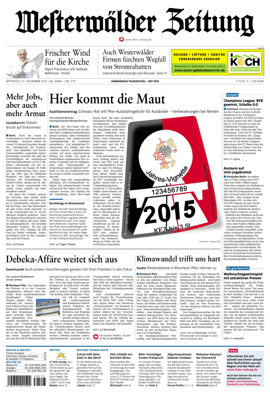 Westerwälder Zeitung vom Mittwoch, 27.11.2013