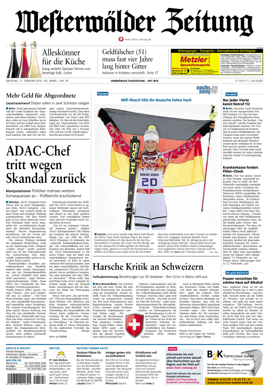 Westerwälder Zeitung vom Dienstag, 11.02.2014