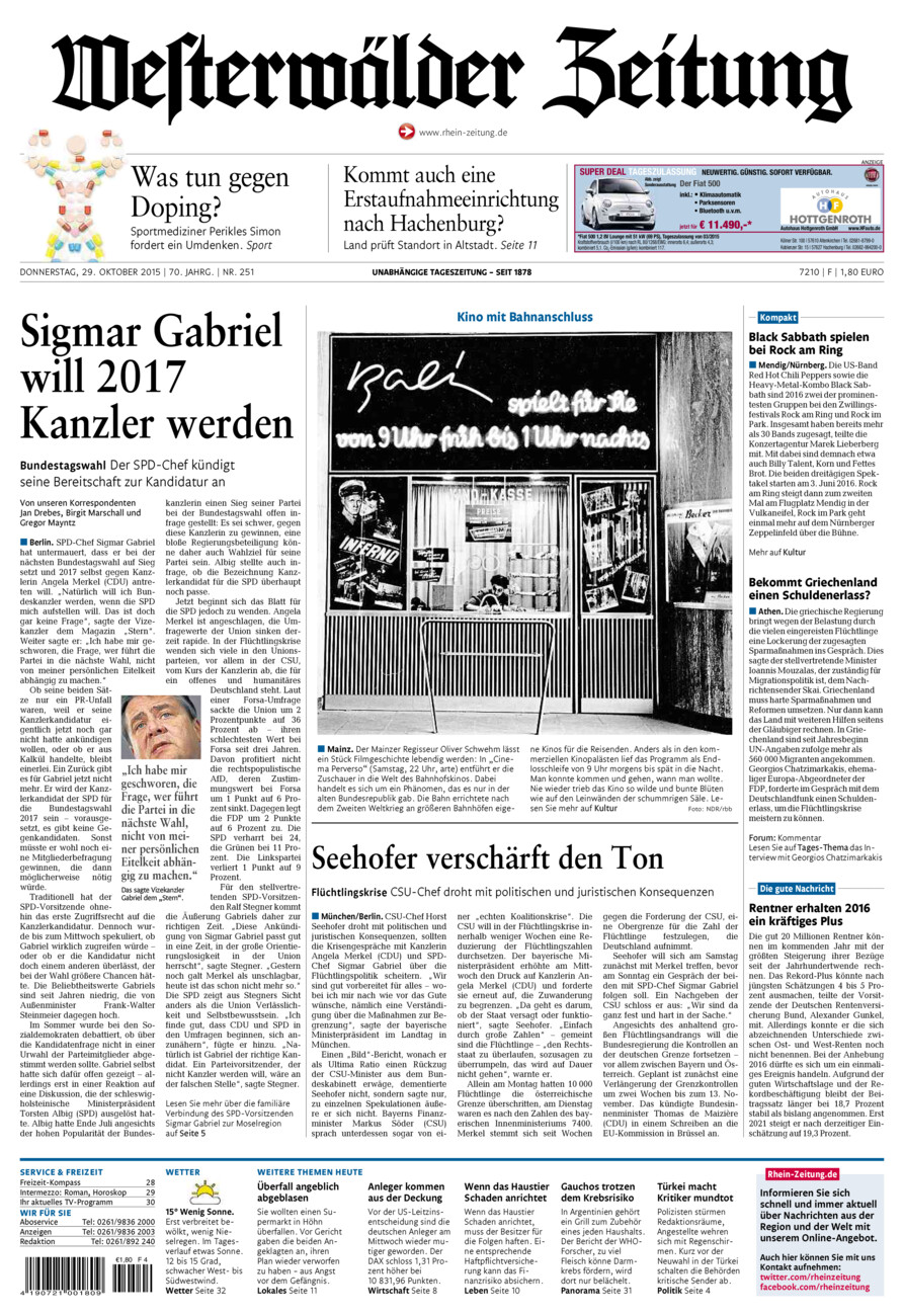 Westerwälder Zeitung vom Donnerstag, 29.10.2015