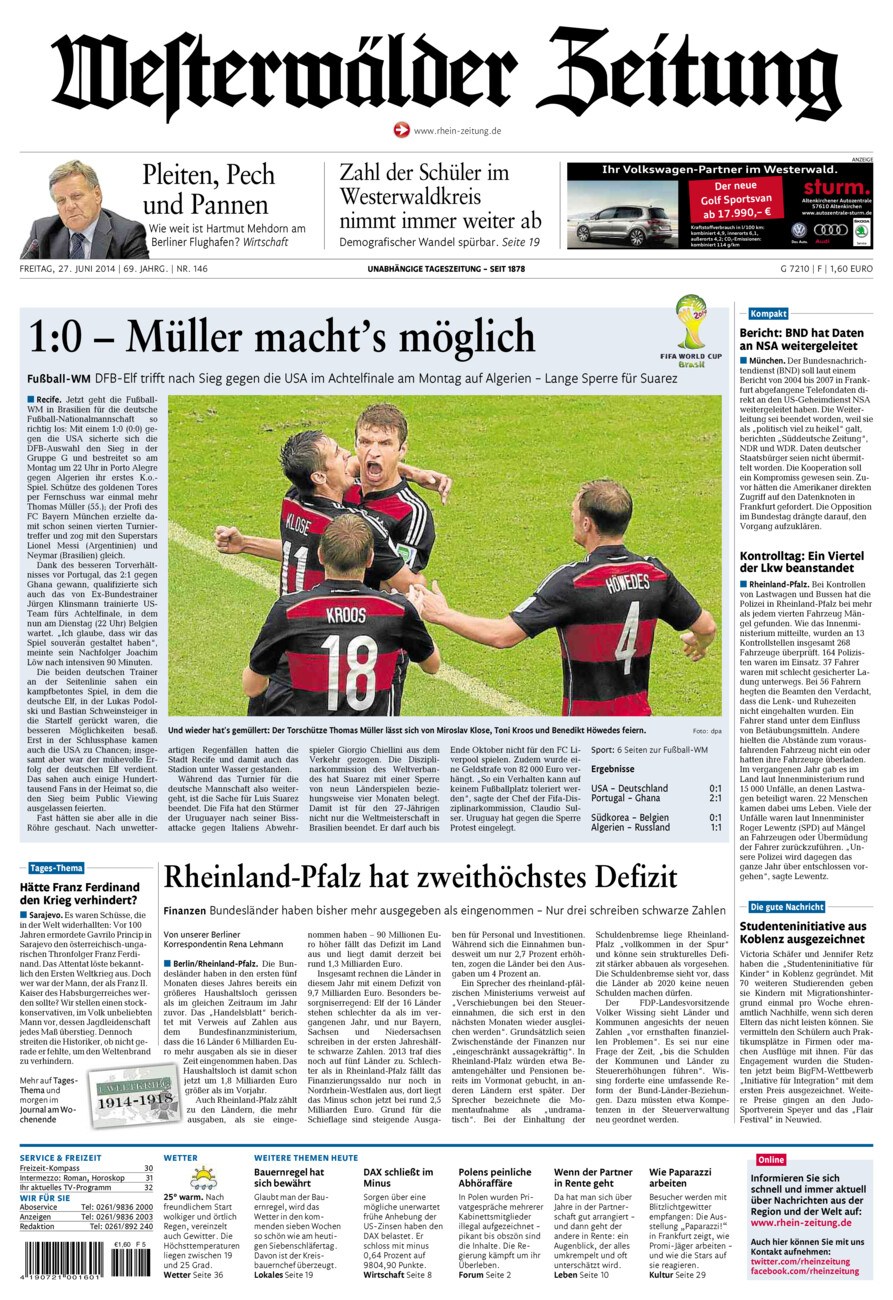 Westerwälder Zeitung vom Freitag, 27.06.2014