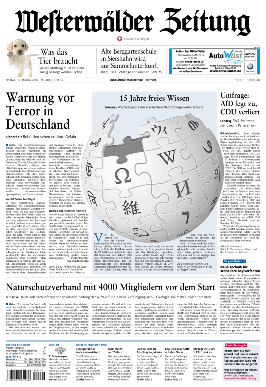 Westerwälder Zeitung vom Freitag, 15.01.2016