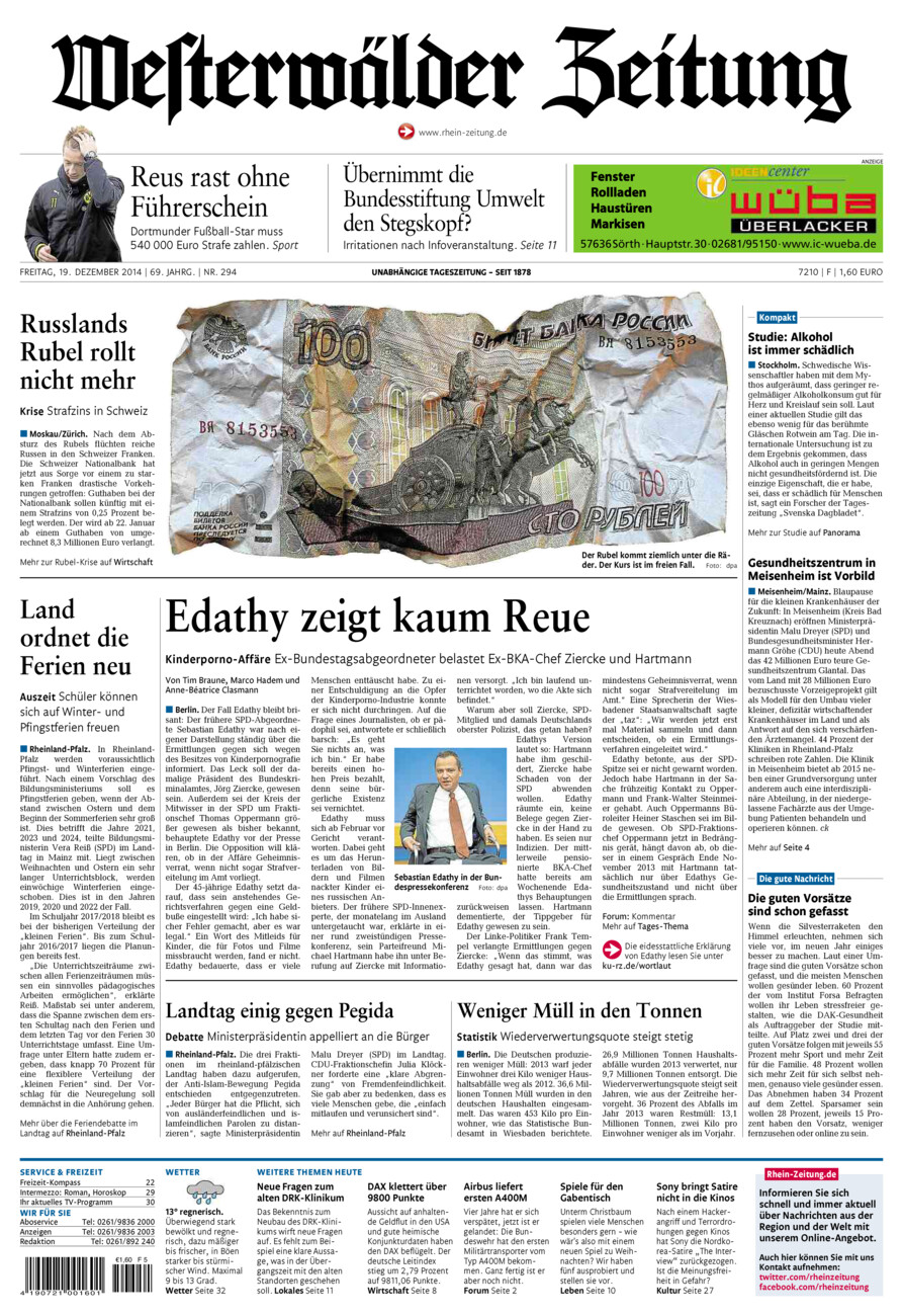 Westerwälder Zeitung vom Freitag, 19.12.2014