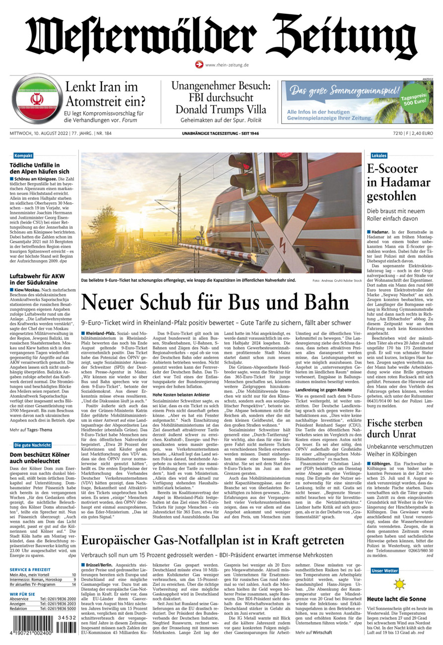Westerwälder Zeitung vom Mittwoch, 10.08.2022