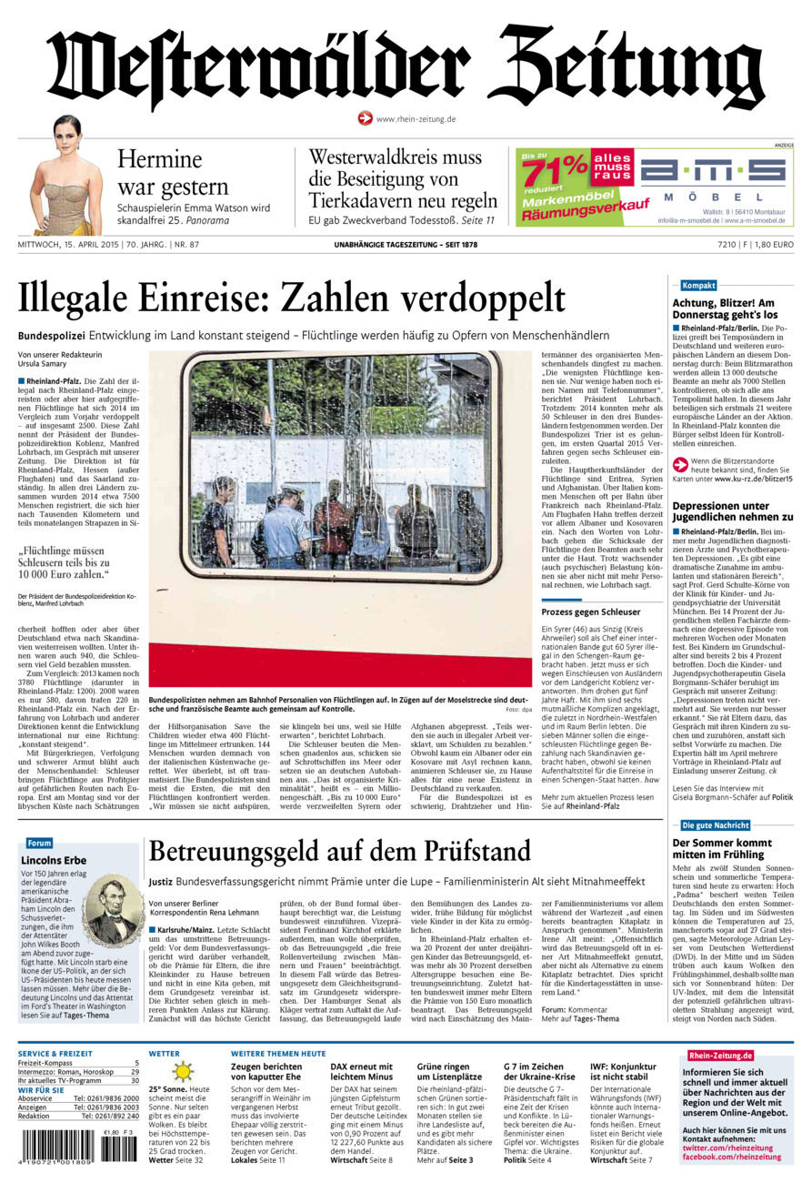 Westerwälder Zeitung vom Mittwoch, 15.04.2015