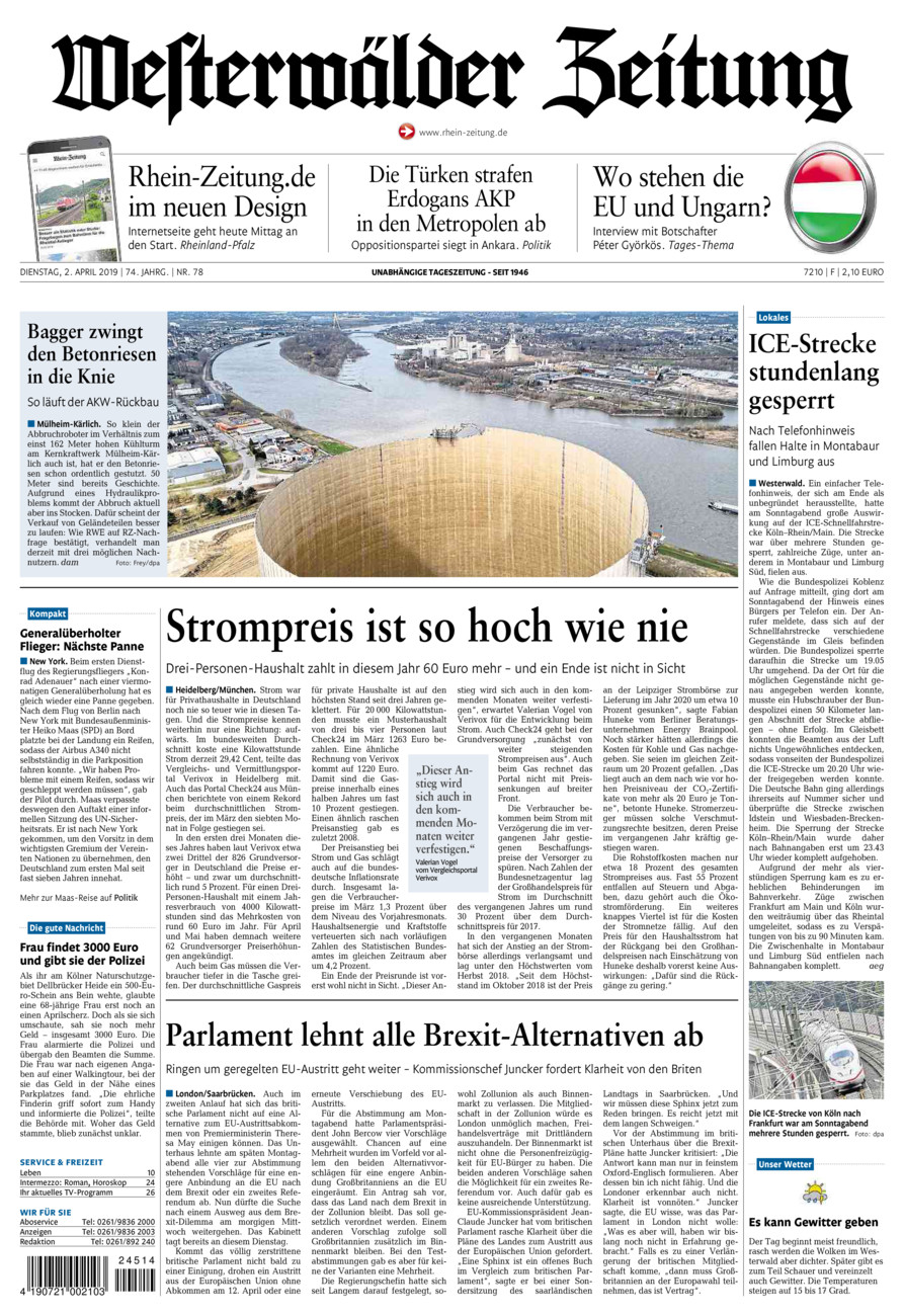 Westerwälder Zeitung vom Dienstag, 02.04.2019