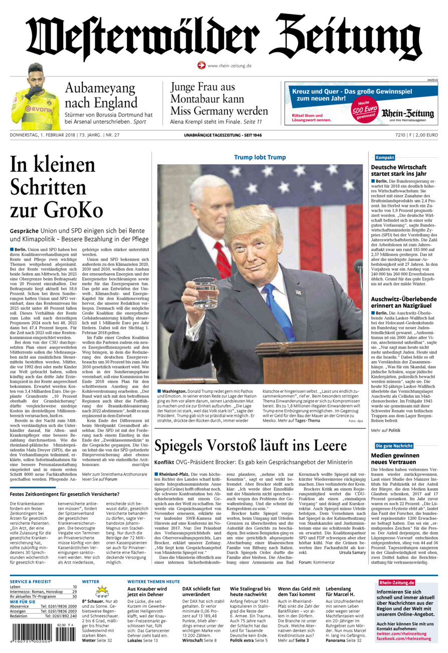 Westerwälder Zeitung vom Donnerstag, 01.02.2018