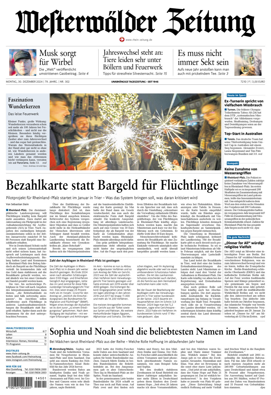 Westerwälder Zeitung vom Montag, 30.12.2024