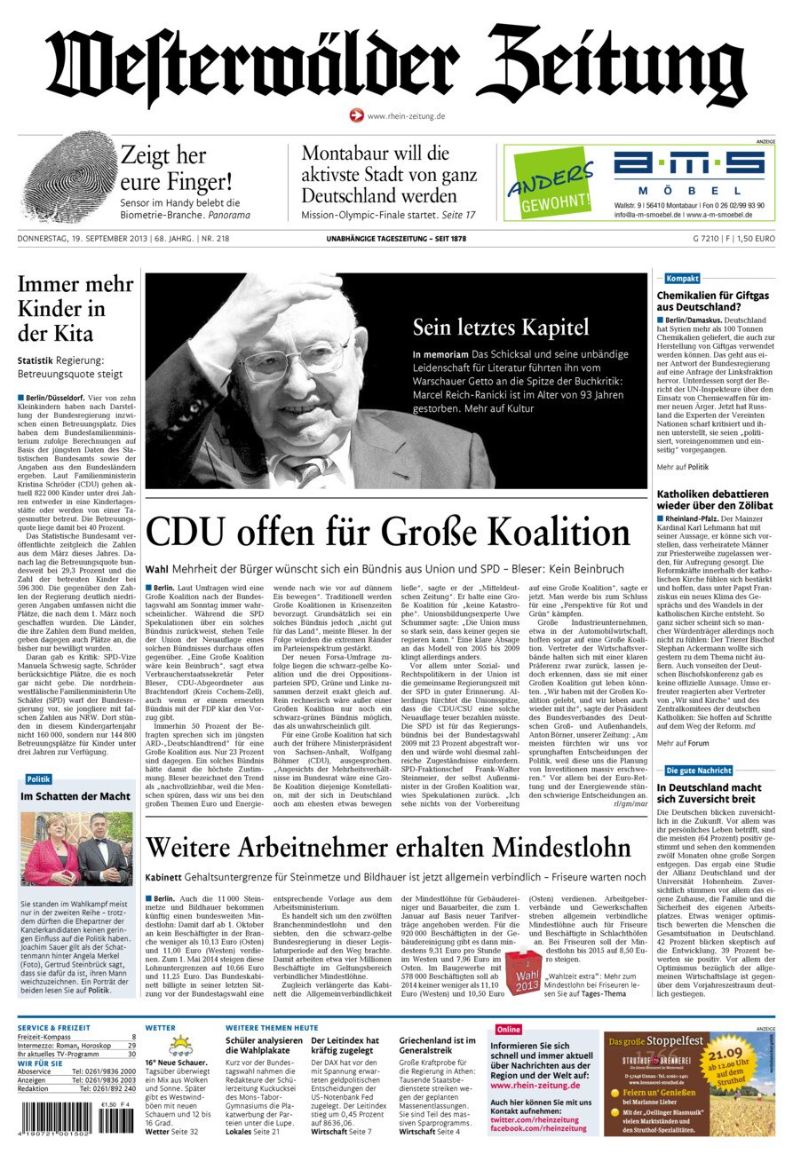 Westerwälder Zeitung vom Donnerstag, 19.09.2013