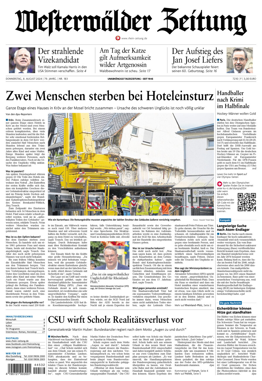 Westerwälder Zeitung vom Donnerstag, 08.08.2024