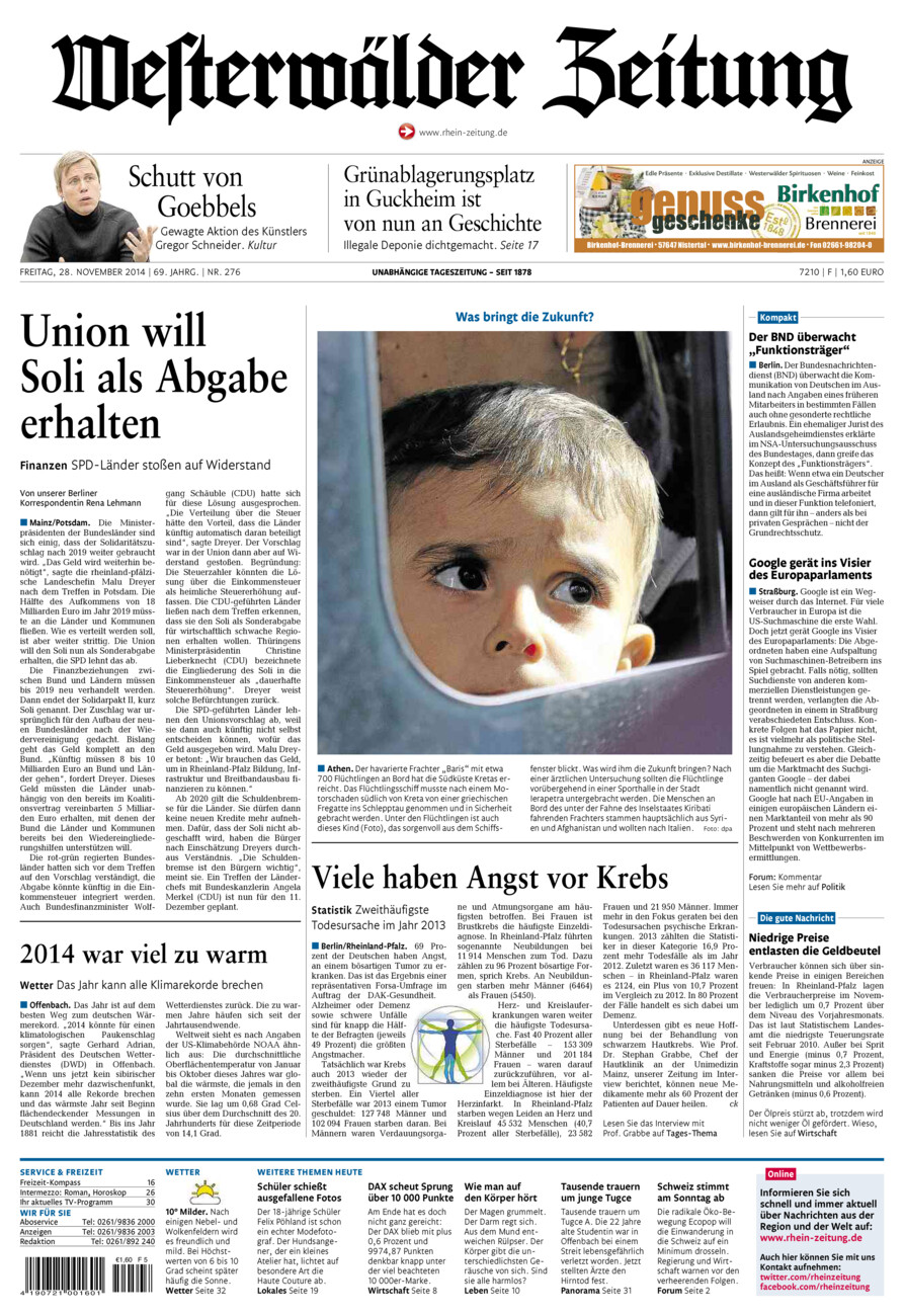 Westerwälder Zeitung vom Freitag, 28.11.2014