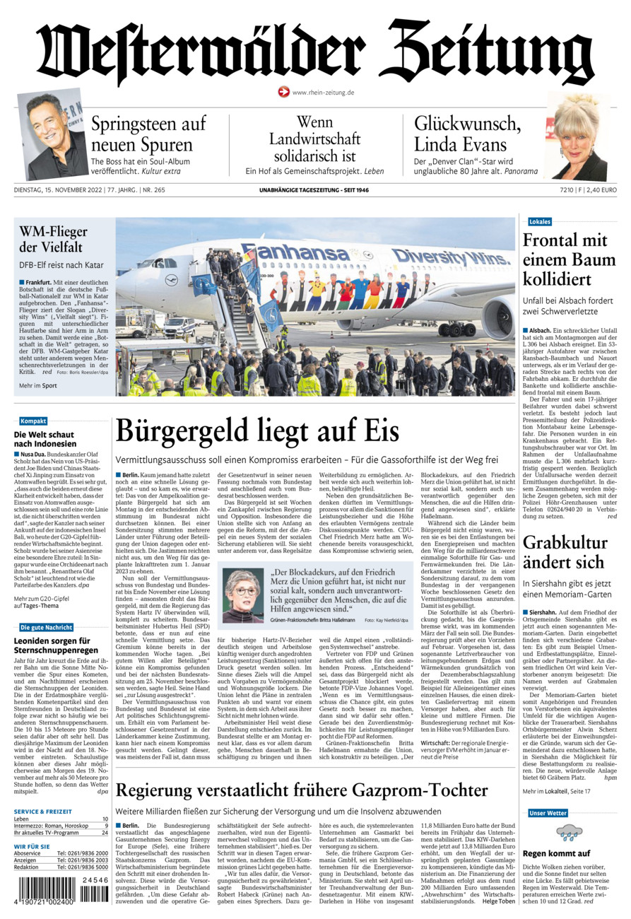Westerwälder Zeitung vom Dienstag, 15.11.2022