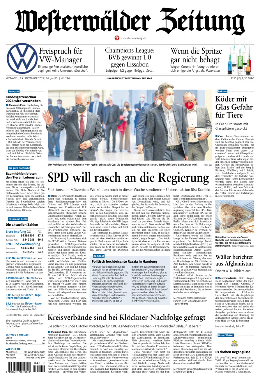 Westerwälder Zeitung vom Mittwoch, 29.09.2021
