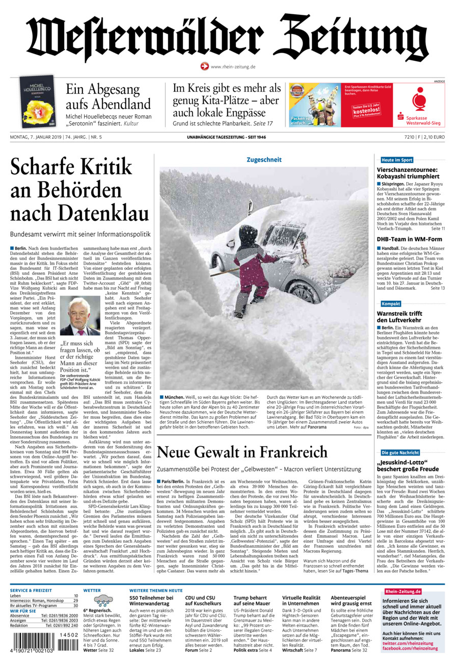 Westerwälder Zeitung vom Montag, 07.01.2019
