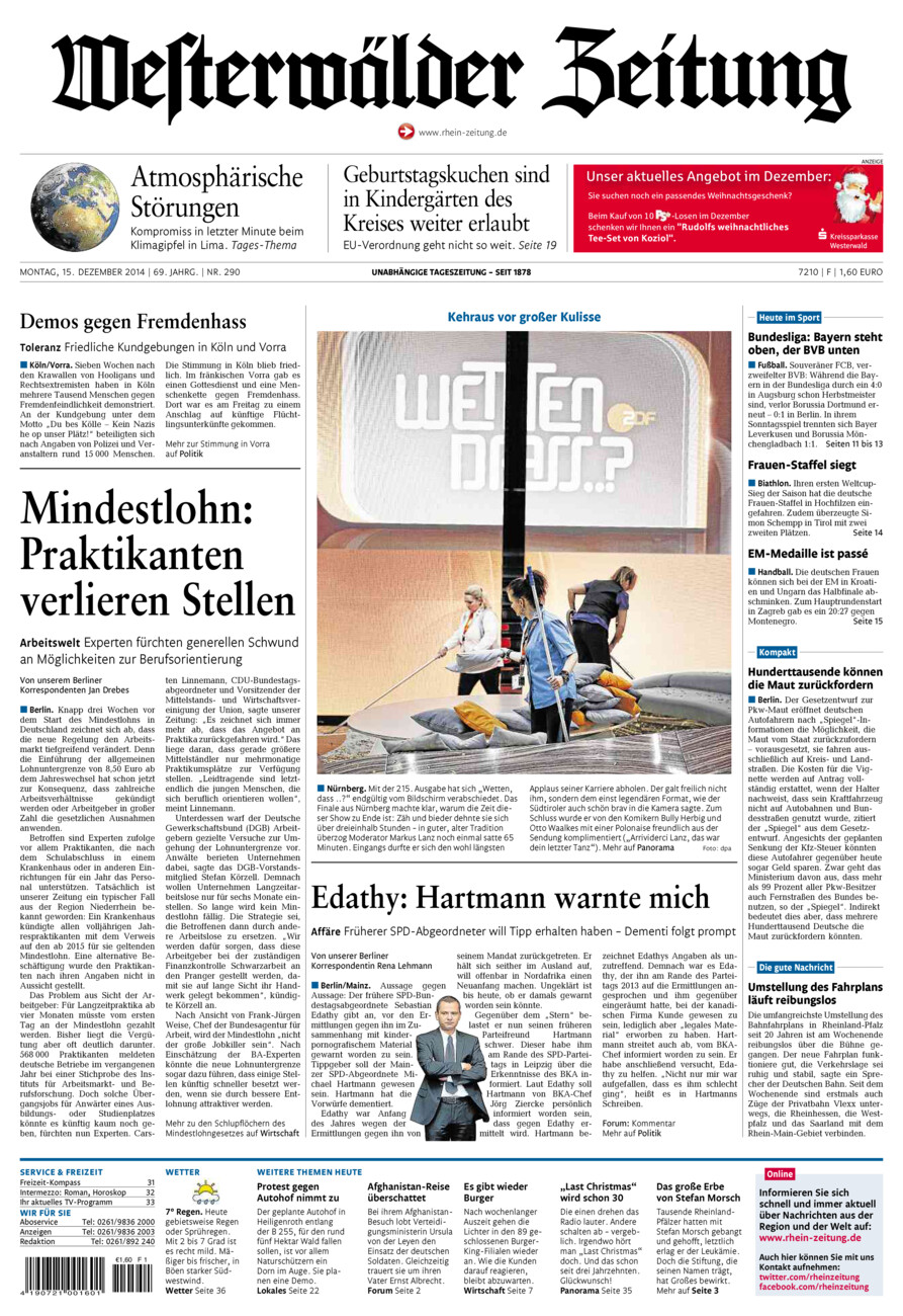 Westerwälder Zeitung vom Montag, 15.12.2014