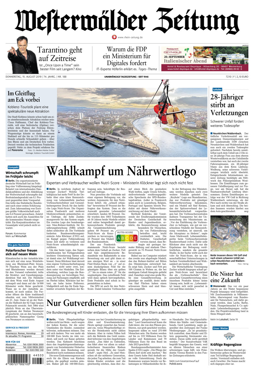 Westerwälder Zeitung vom Donnerstag, 15.08.2019