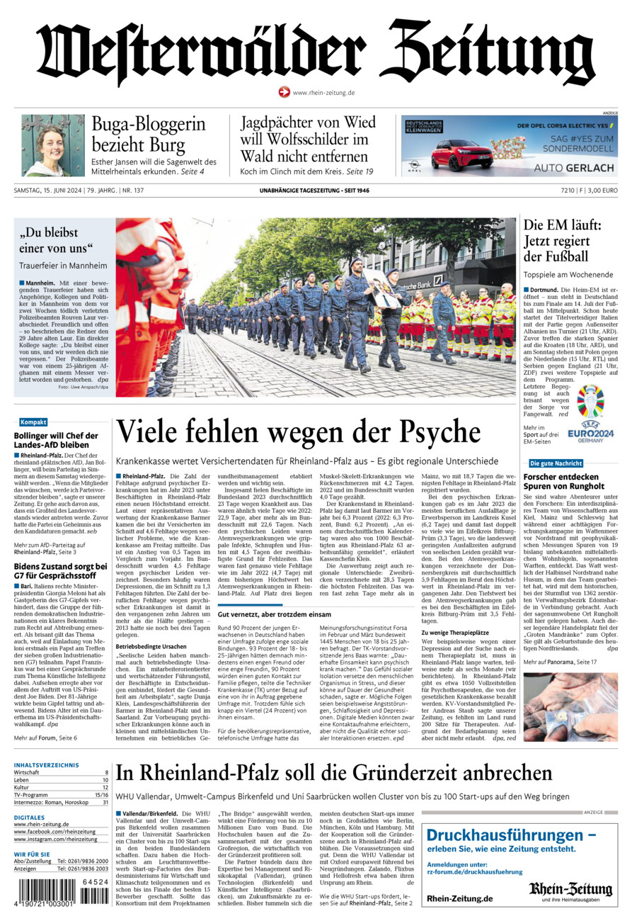 Westerwälder Zeitung vom Samstag, 15.06.2024