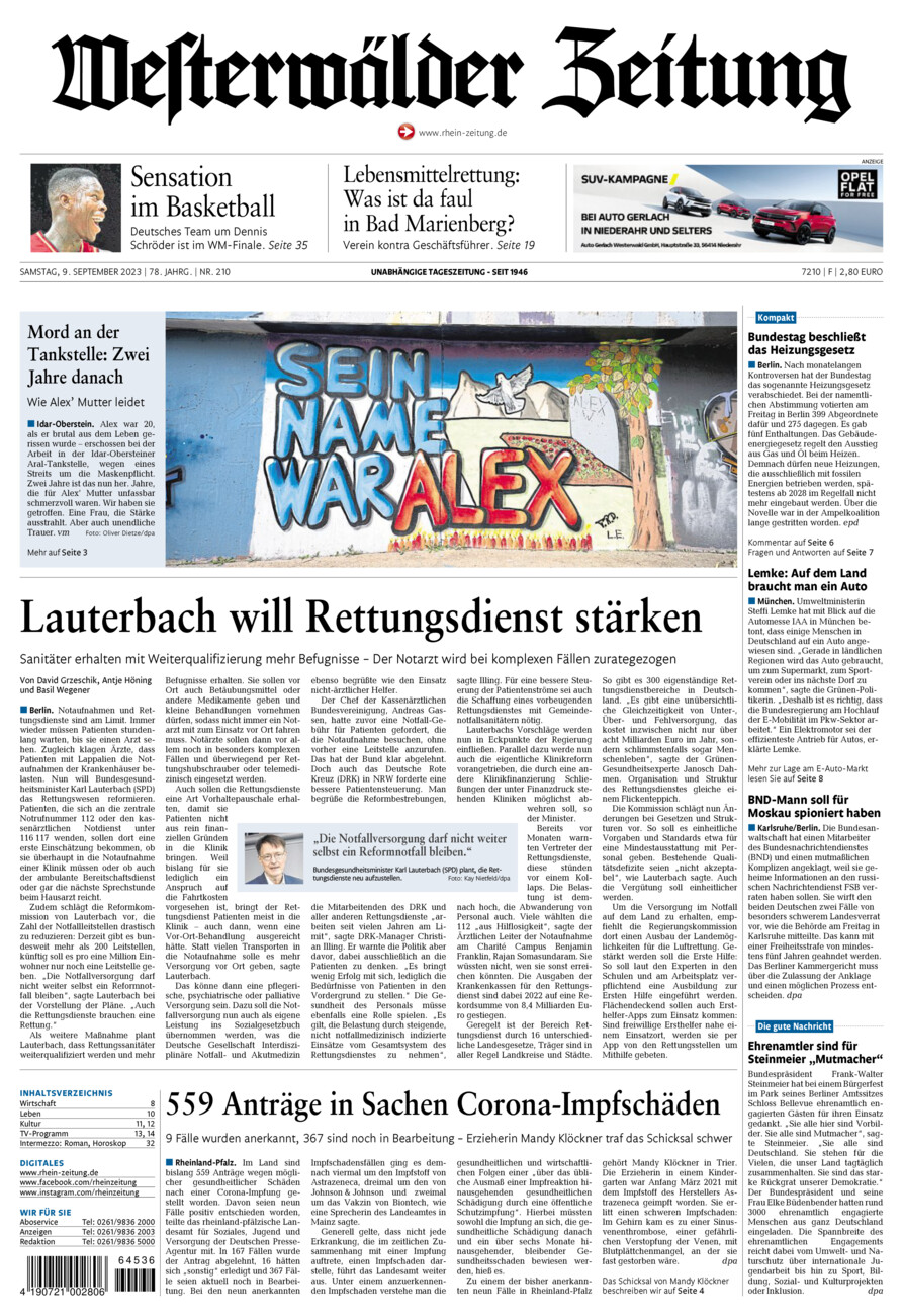 Westerwälder Zeitung vom Samstag, 09.09.2023