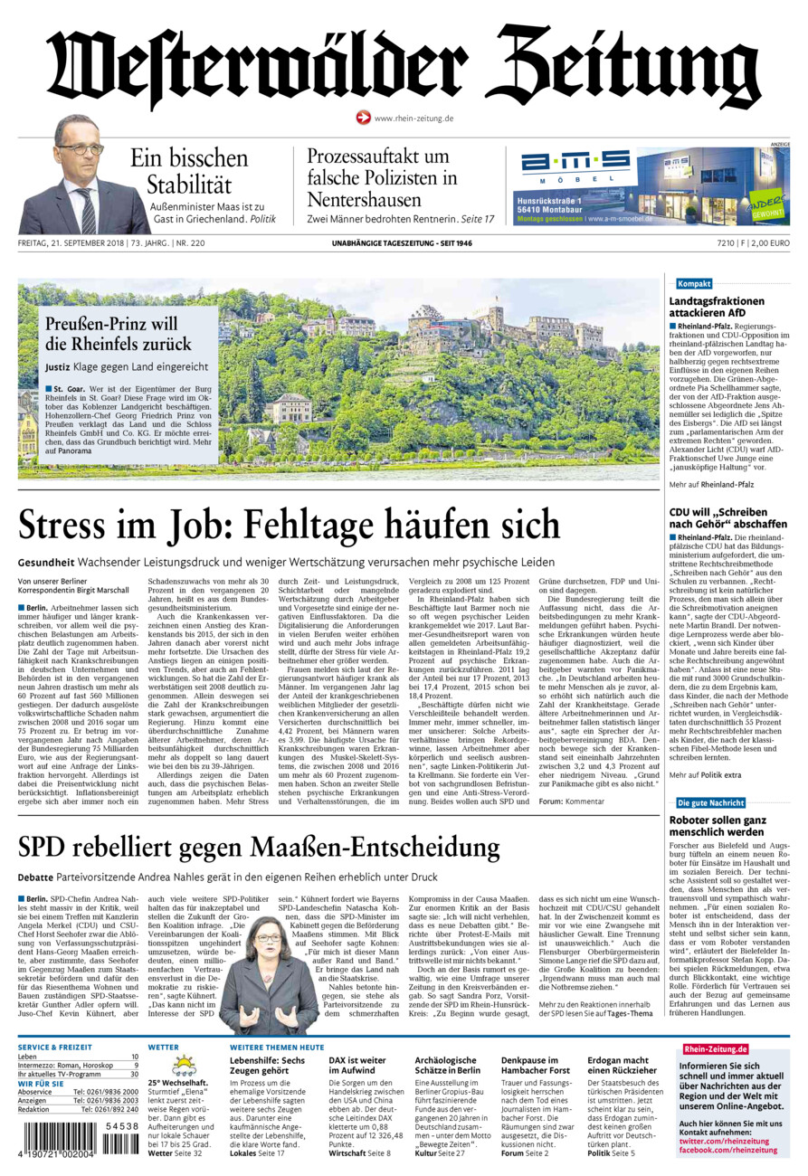 Westerwälder Zeitung vom Freitag, 21.09.2018