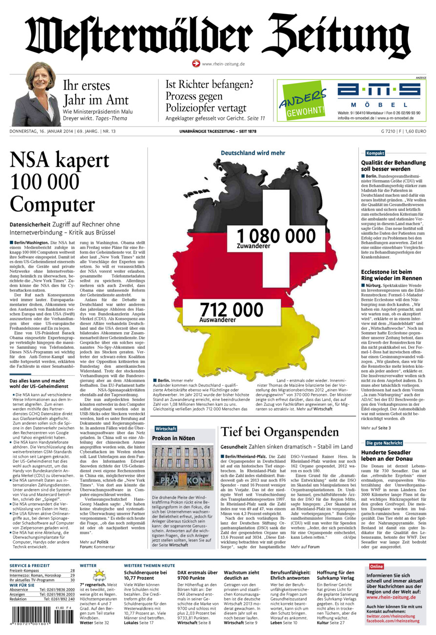 Westerwälder Zeitung vom Donnerstag, 16.01.2014