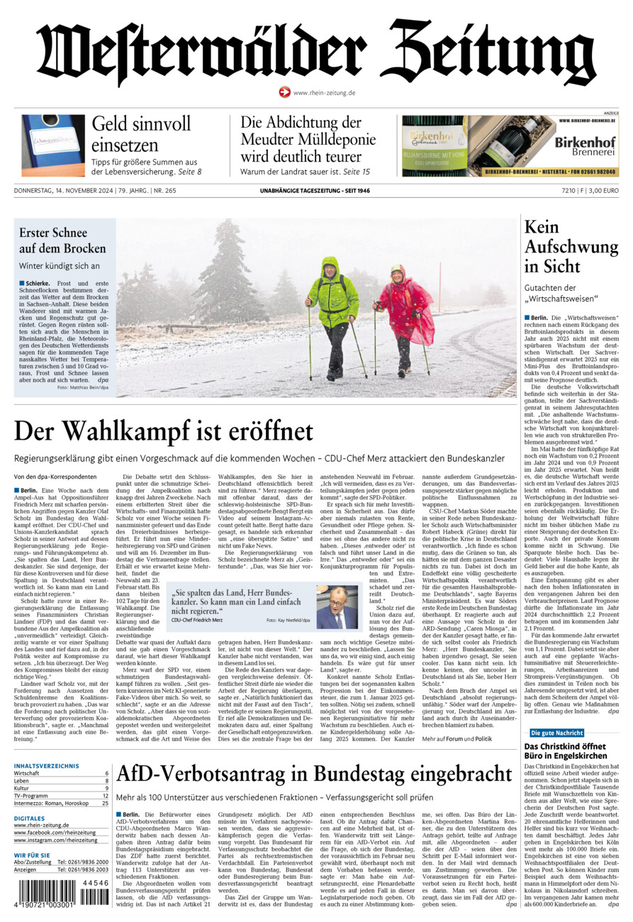 Westerwälder Zeitung vom Donnerstag, 14.11.2024