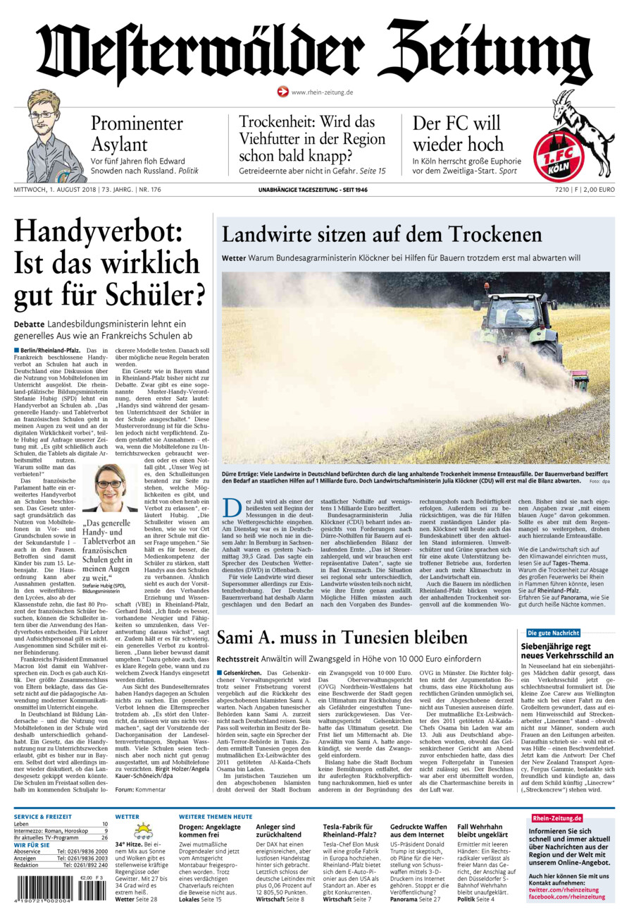 Westerwälder Zeitung vom Mittwoch, 01.08.2018